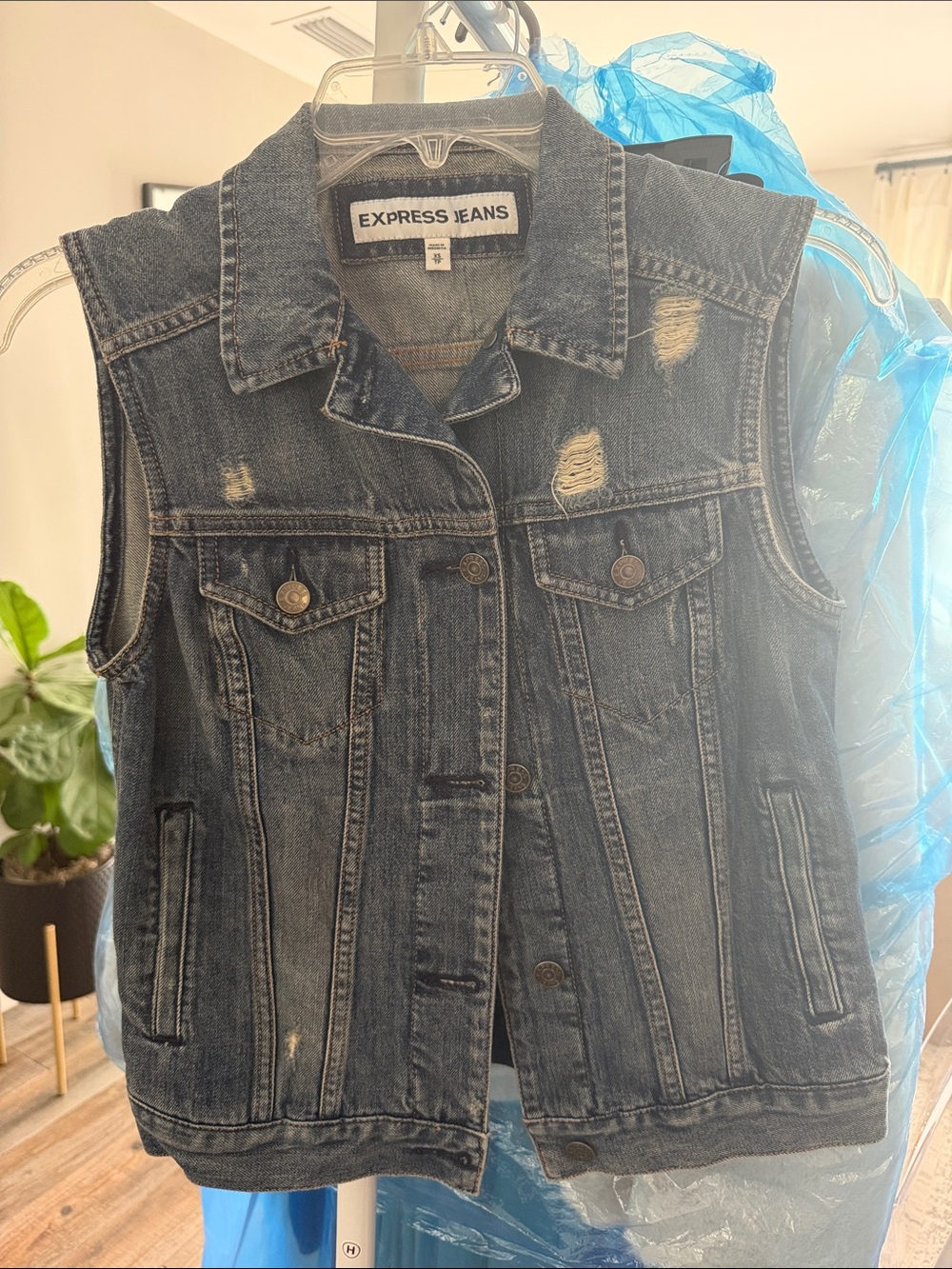 Express Distressed Denim Vest - Blue